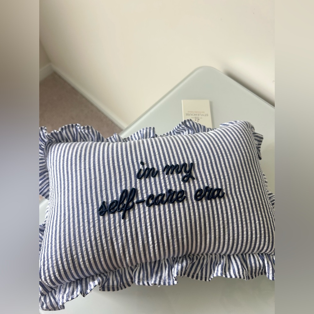 Blue "in my self care era" embroidered white Striped Ruffle throw Pillow